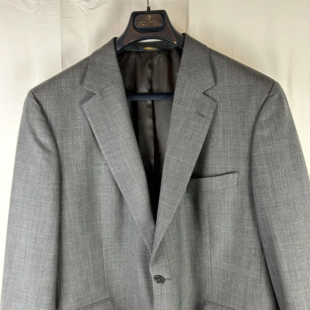 Brooks Brothers 346 Suit Jacket‎ Mens 46R Gray Check Wool Stretch 2 Button